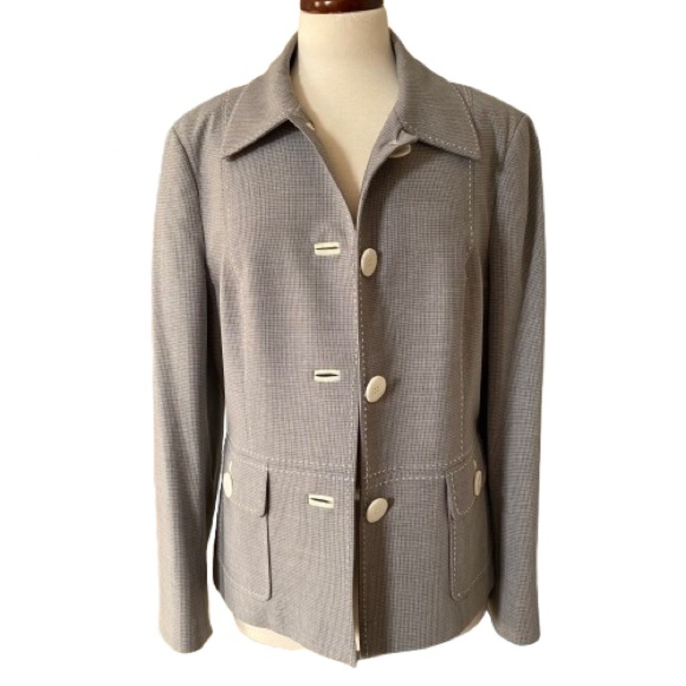 Worth Women's Gray Blazer Size 14 White Topstitching Wool & Spandex Classy